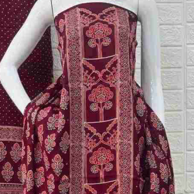 Pure Modal Silk Ajrakh Hand Block Print Neptol Dye 3 Pice Suit