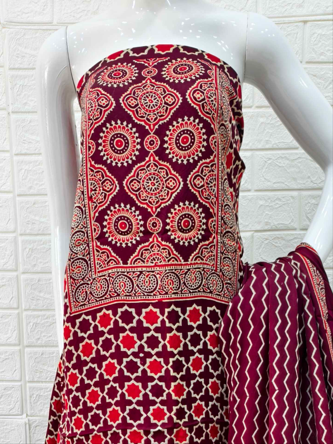 Pure Modal Silk Maroon Ajrakh Hand Block Print Neptol Dye 3 Pice Suit
