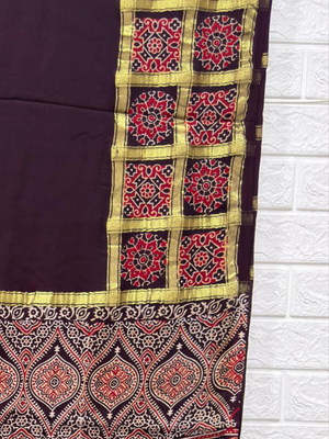 Ajrakh Hand Block Print Neptol Dye Saree with Zari Pallu
