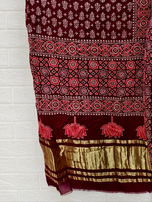 Pure Modal Silk Maroon Ajrakh Hand Block Print Neptol Dye 3 Pice Suit