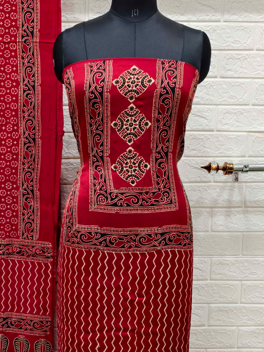 Pure Modal Silk Ajrakh Hand Block Print Neptol Dye 3 Pice Suit