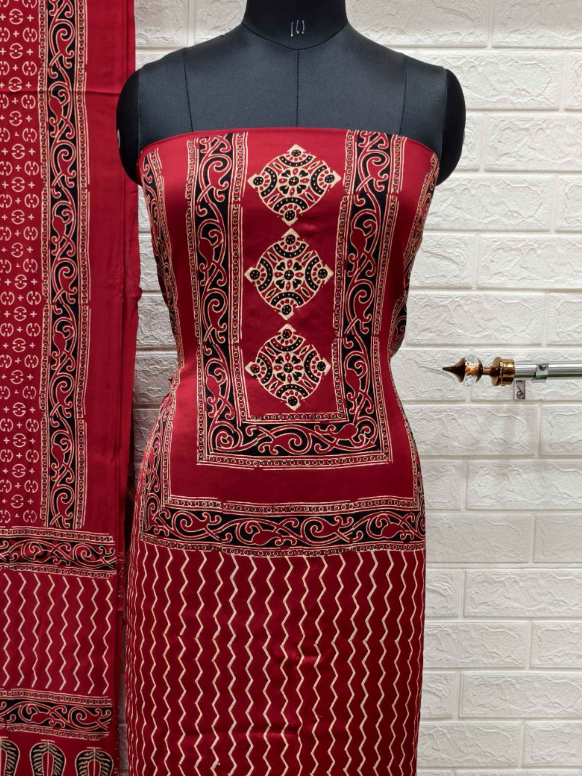 Pure Modal Silk Ajrakh Hand Block Print Neptol Dye 3 Pice Suit