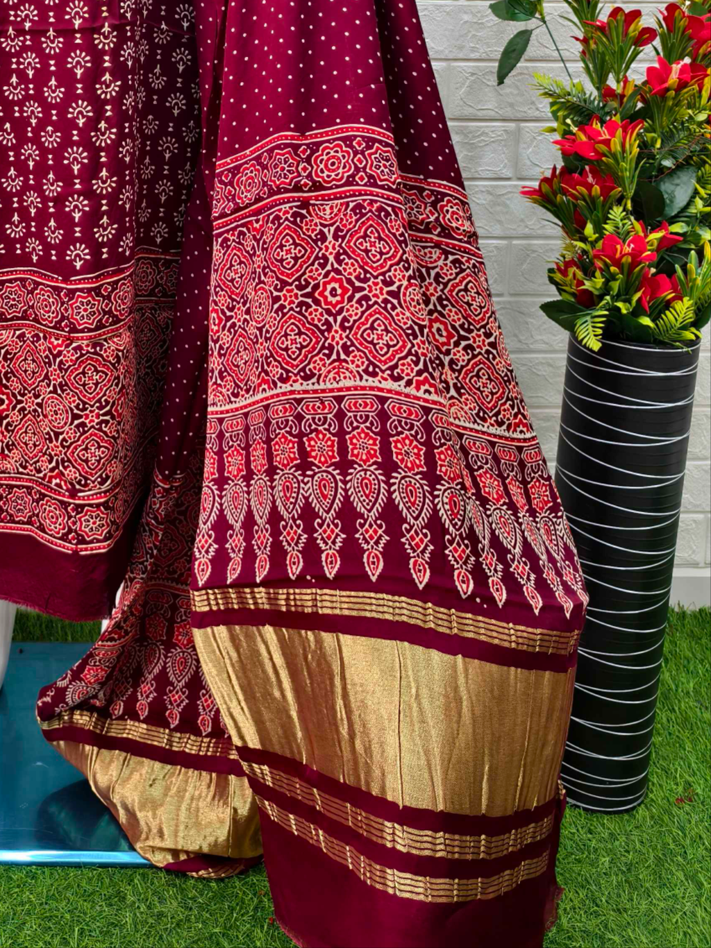 Pure Modal Silk Maroon Ajrakh Hand Block Print Neptol Dye 3 Pice Suit