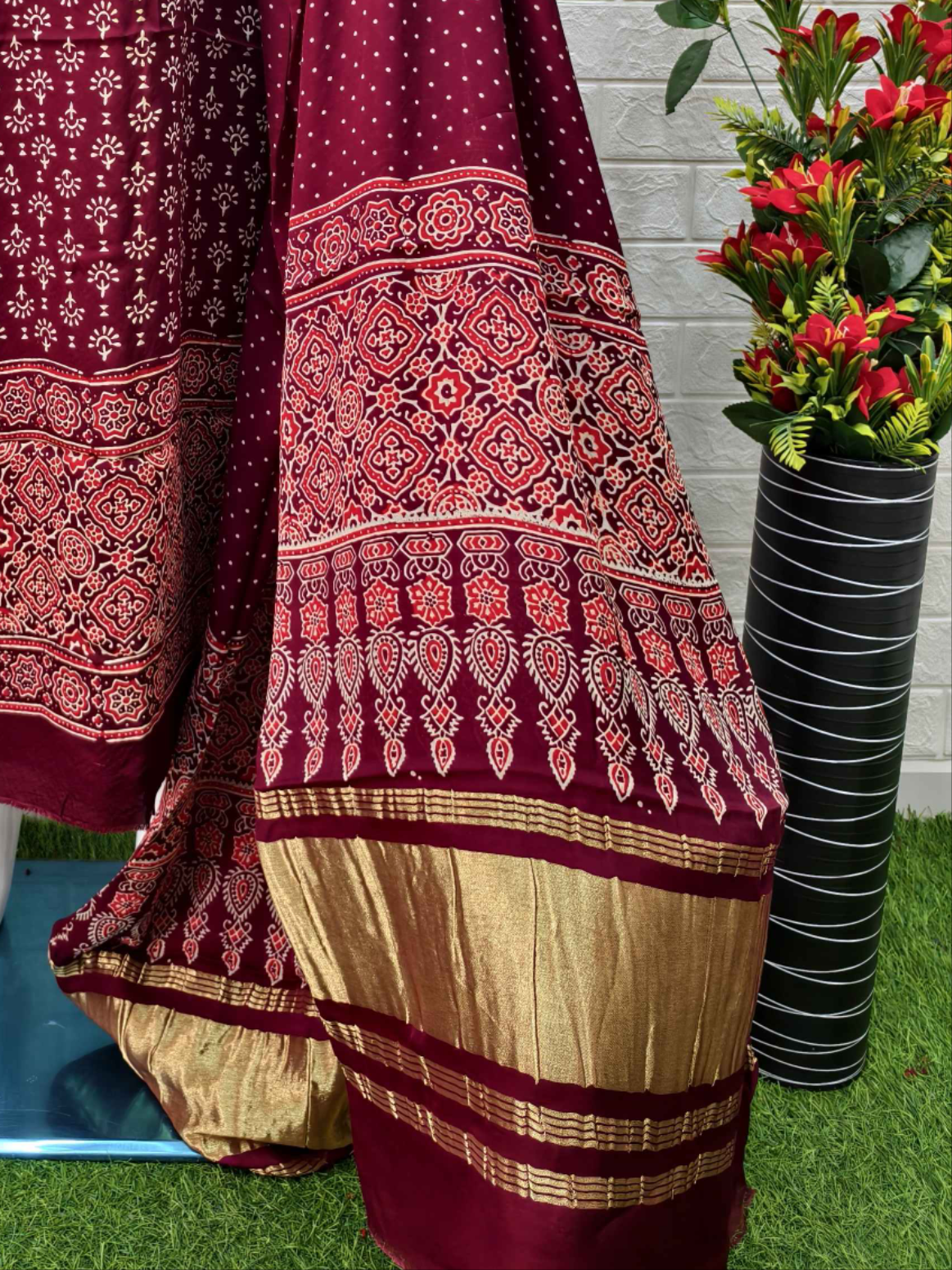 Pure Modal Silk Maroon Ajrakh Hand Block Print Neptol Dye 3 Pice Suit