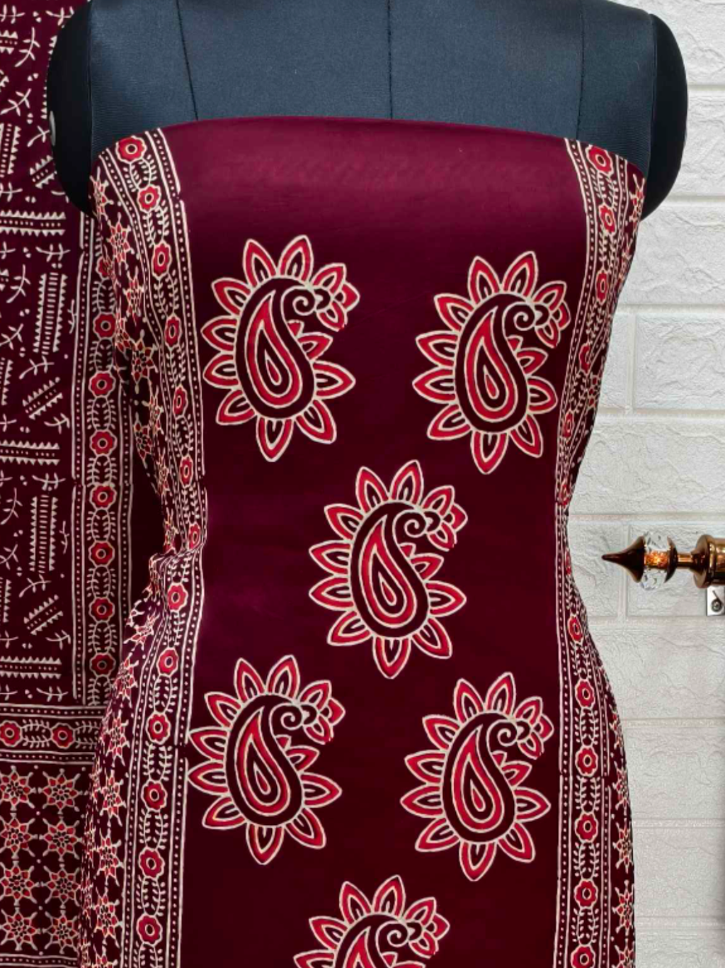 Pure Modal Silk Maroon Ajrakh Hand Block Print Neptol Dye 3 Pice Suit