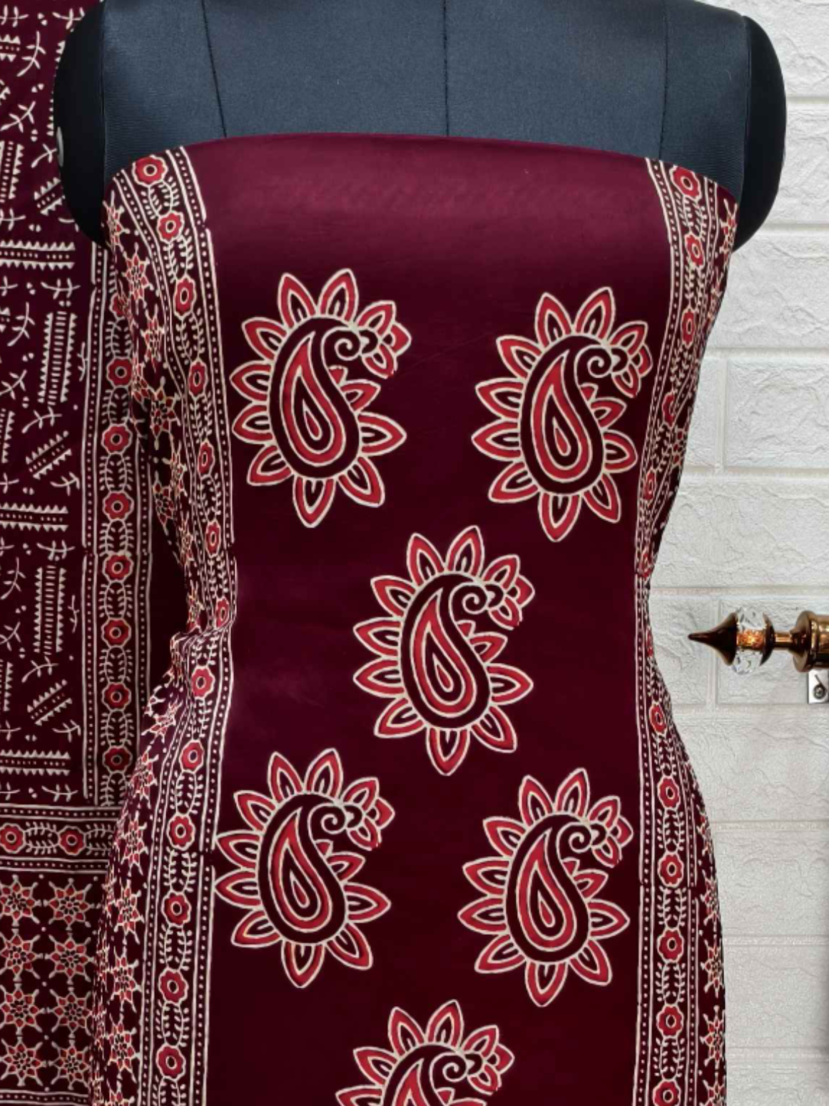 Pure Modal Silk Maroon Ajrakh Hand Block Print Neptol Dye 3 Pice Suit
