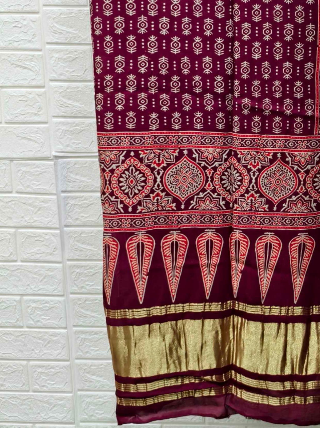 Pure Modal Silk Maroon Ajrakh Hand Block Print Neptol Dye 3 Pice Suit