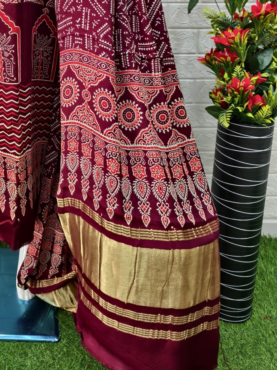 Pure Modal Silk Maroon Ajrakh Hand Block Print Neptol Dye 3 Pice Suit