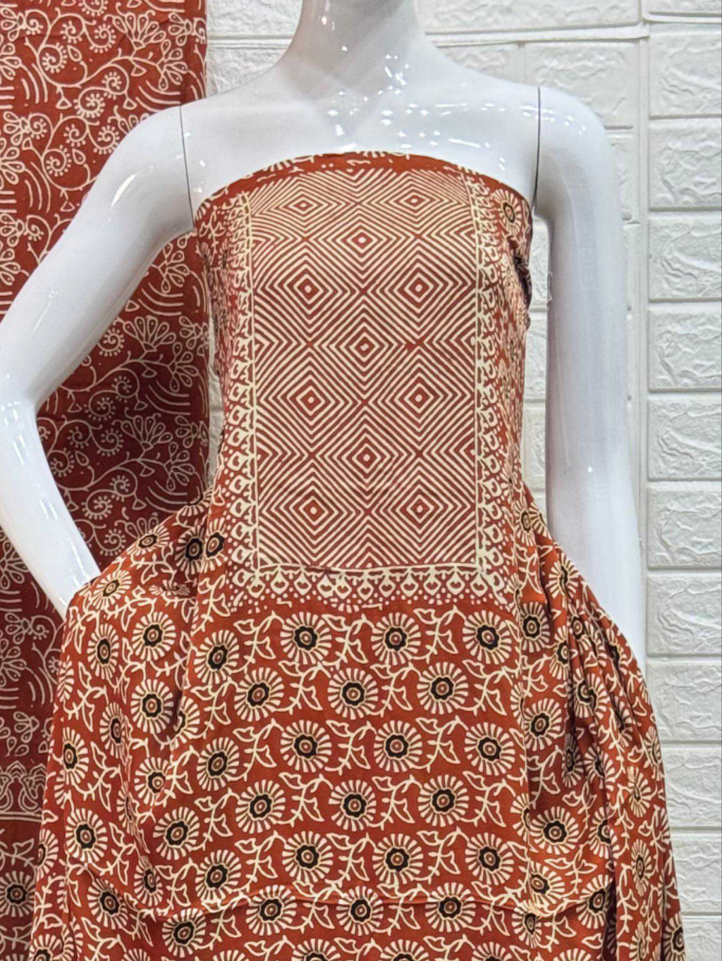 Pure Modal Silk Rust Ajrakh Hand Block Print Neptol Dye 3 Pice Suit