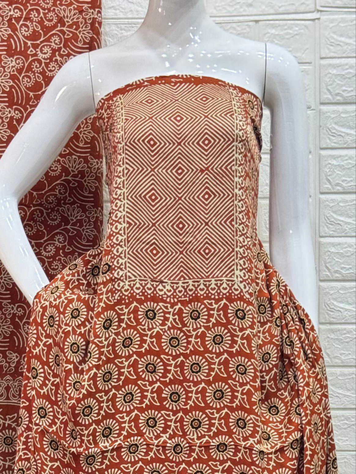 Pure Modal Silk Rust Ajrakh Hand Block Print Neptol Dye 3 Pice Suit