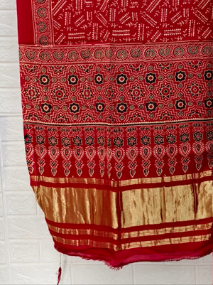 Pure Modal Silk Red Ajrakh Hand Block Print Neptol Dye 3 Pice Suit