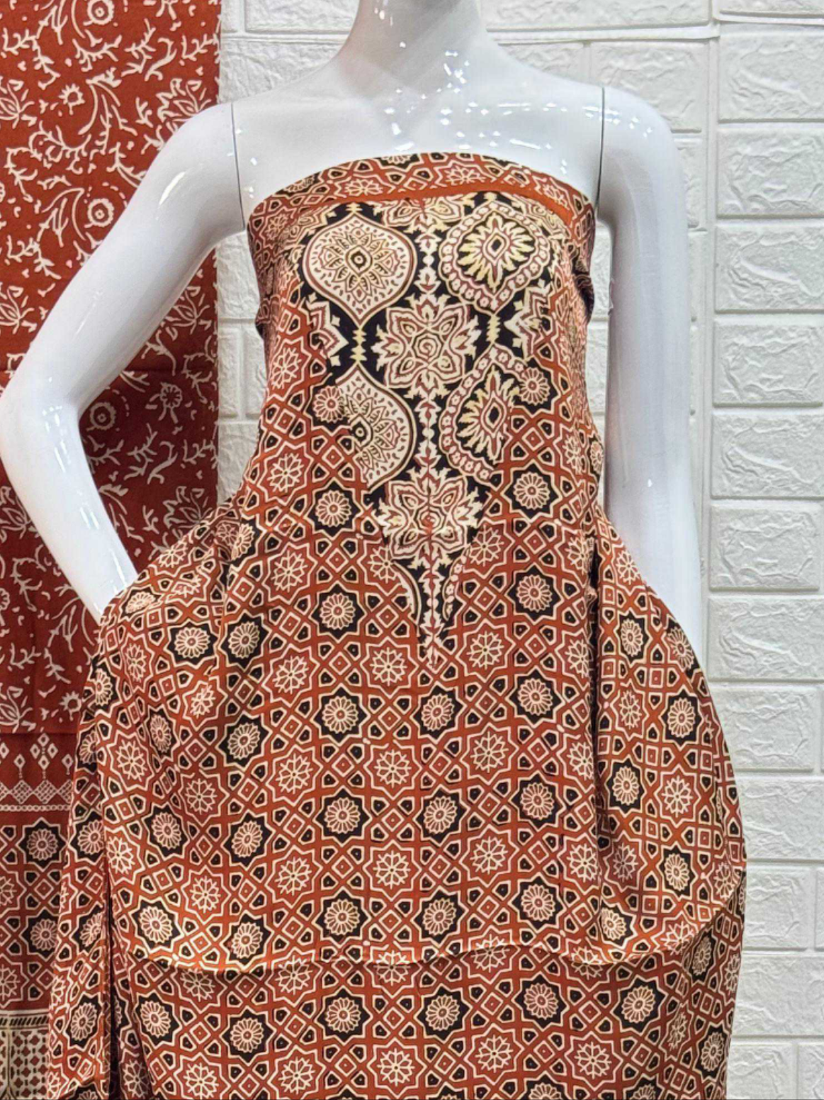 Pure Modal Silk Rust Ajrakh Hand Block Print Neptol Dye 3 Pice Suit