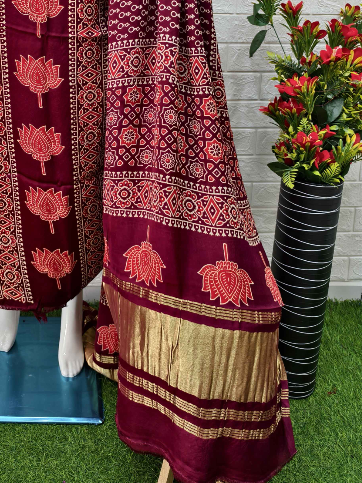 Pure Modal Silk Maroon Ajrakh Hand Block Print Neptol Dye 3 Pice Suit