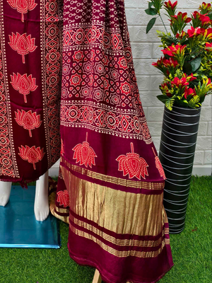 Pure Modal Silk Maroon Ajrakh Hand Block Print Neptol Dye 3 Pice Suit