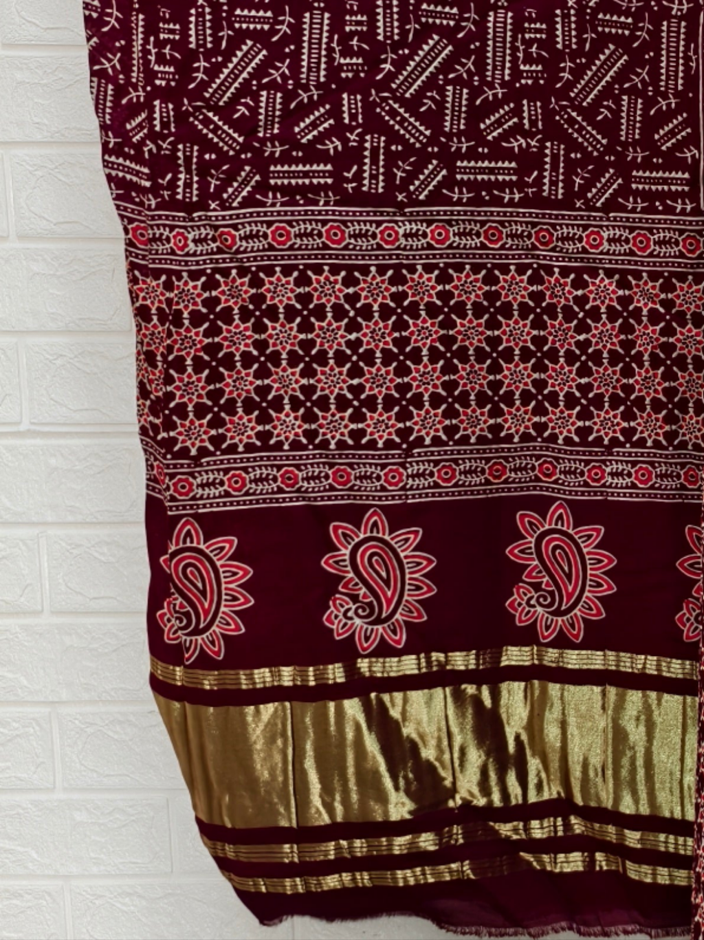 Pure Modal Silk Maroon Ajrakh Hand Block Print Neptol Dye 3 Pice Suit