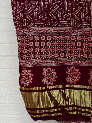 Pure Modal Silk Maroon Ajrakh Hand Block Print Neptol Dye 3 Pice Suit