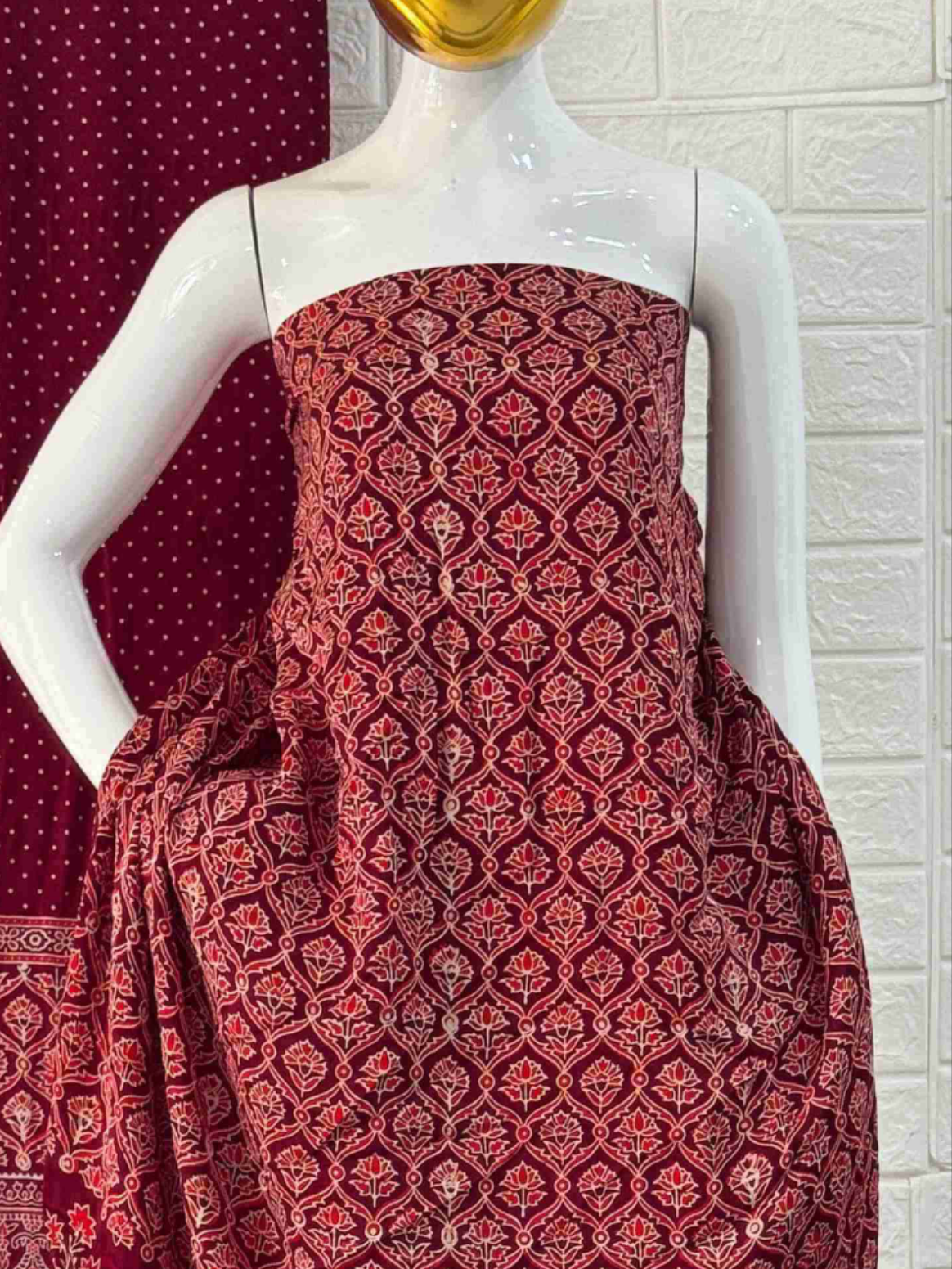 Pure Modal Silk Maroon Ajrakh Hand Block Print Neptol Dye 3 Pice Suit