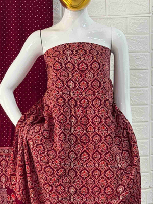 Pure Modal Silk Maroon Ajrakh Hand Block Print Neptol Dye 3 Pice Suit