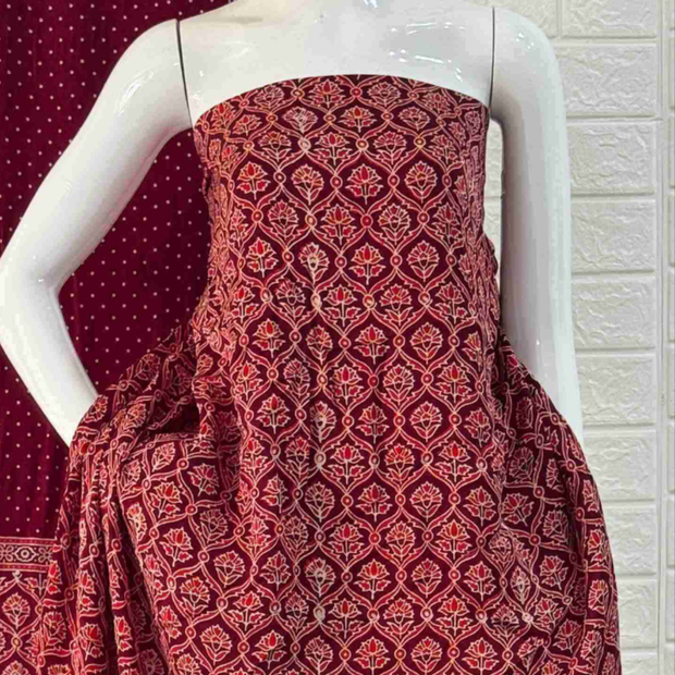 Pure Modal Silk Maroon Ajrakh Hand Block Print Neptol Dye 3 Pice Suit