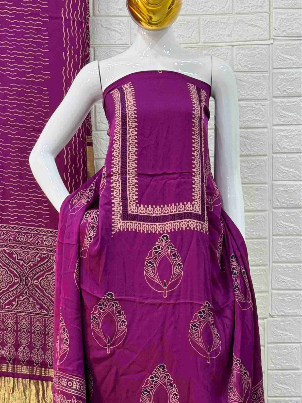 Pure Modal Silk Magenta Ajrakh Hand Block Print Neptol Dye 3 Pice Suit