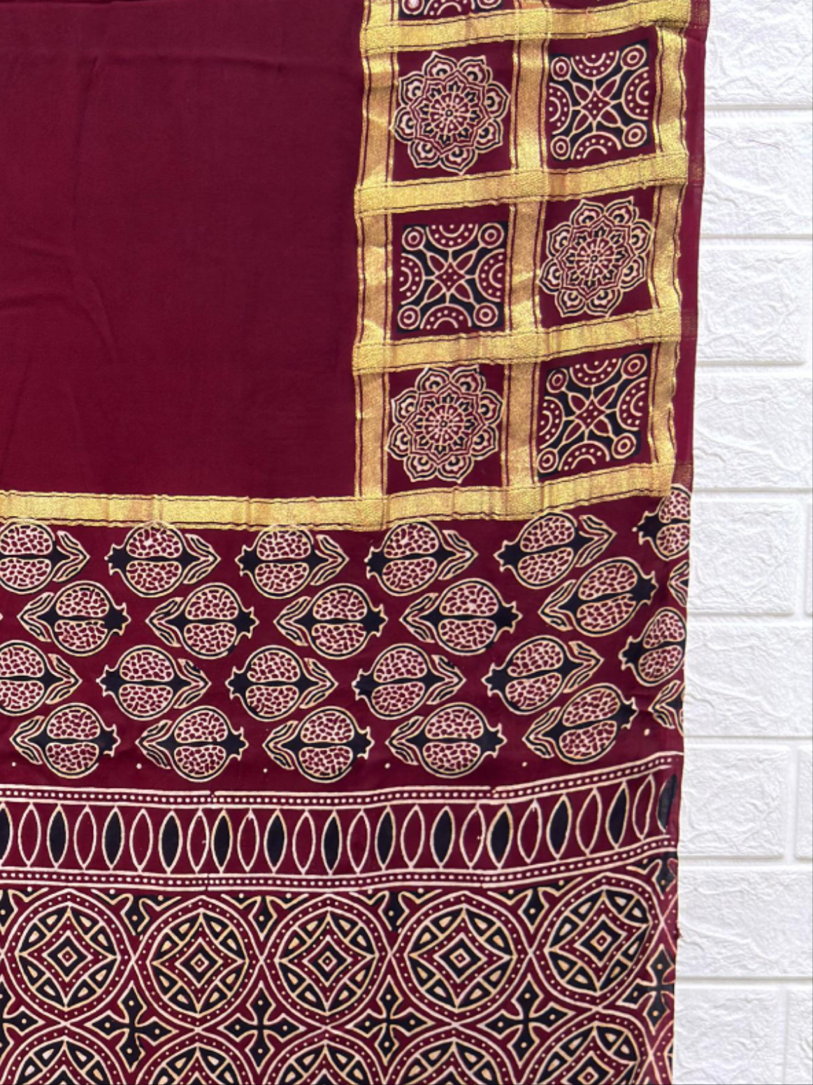Ajrakh Hand Block Print Neptol Dye Saree with Zari Pallu