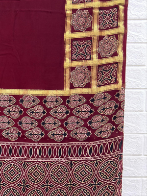 Ajrakh Hand Block Print Neptol Dye Saree with Zari Pallu