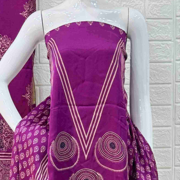 Pure Modal Silk Magenta Ajrakh Hand Block Print Neptol Dye 3 Pice Suit