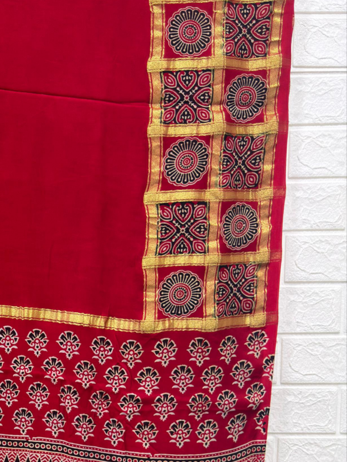 Ajrakh Hand Block Print Neptol Dye Saree with Zari Pallu
