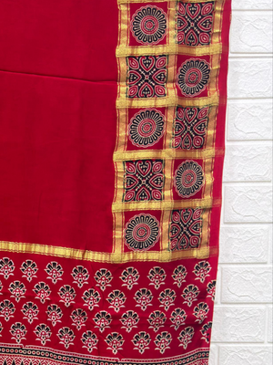 Ajrakh Hand Block Print Neptol Dye Saree with Zari Pallu