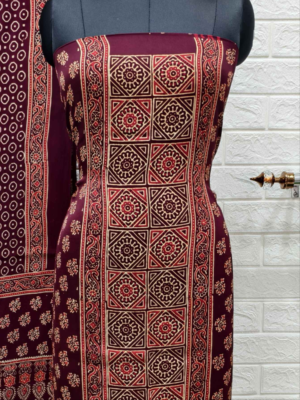 Pure Modal Silk Maroon Ajrakh Hand Block Print Neptol Dye 3 Pice Suit
