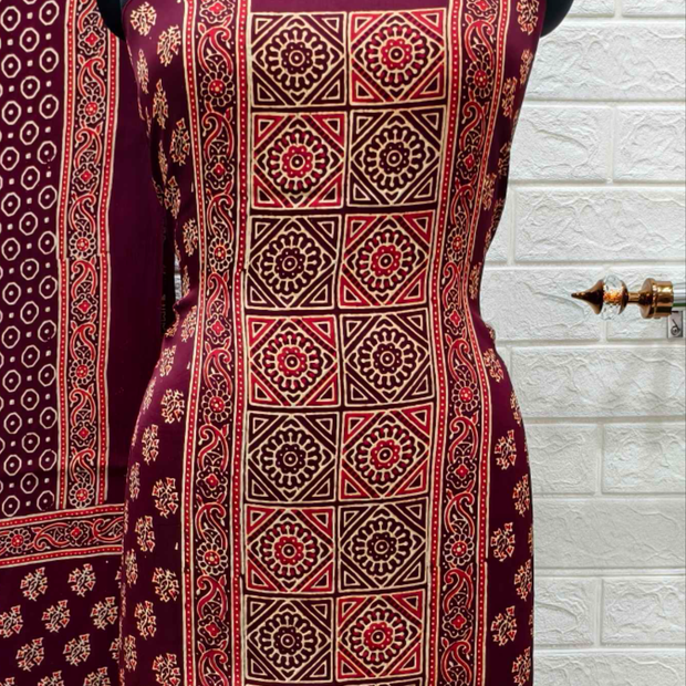 Pure Modal Silk Maroon Ajrakh Hand Block Print Neptol Dye 3 Pice Suit