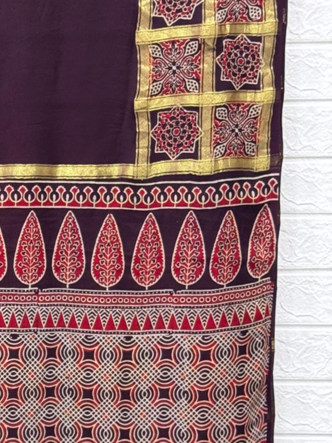 Ajrakh Hand Block Print Neptol Dye Saree with Zari Pallu