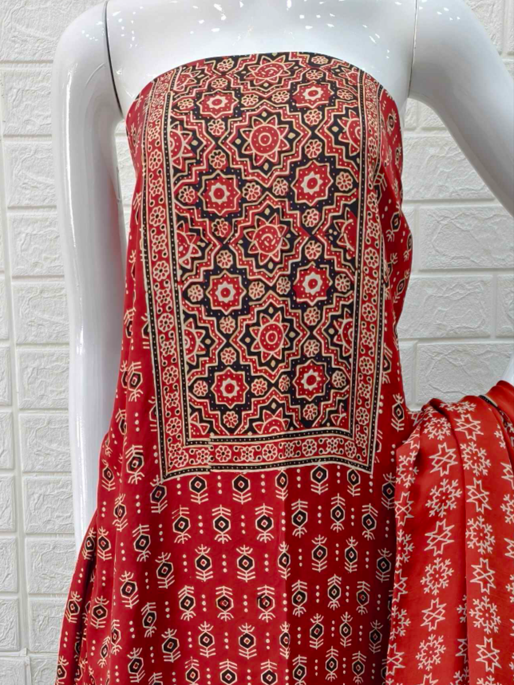 Pure Modal Silk Rust Ajrakh Hand Block Print Neptol Dye 3 Pice Suit