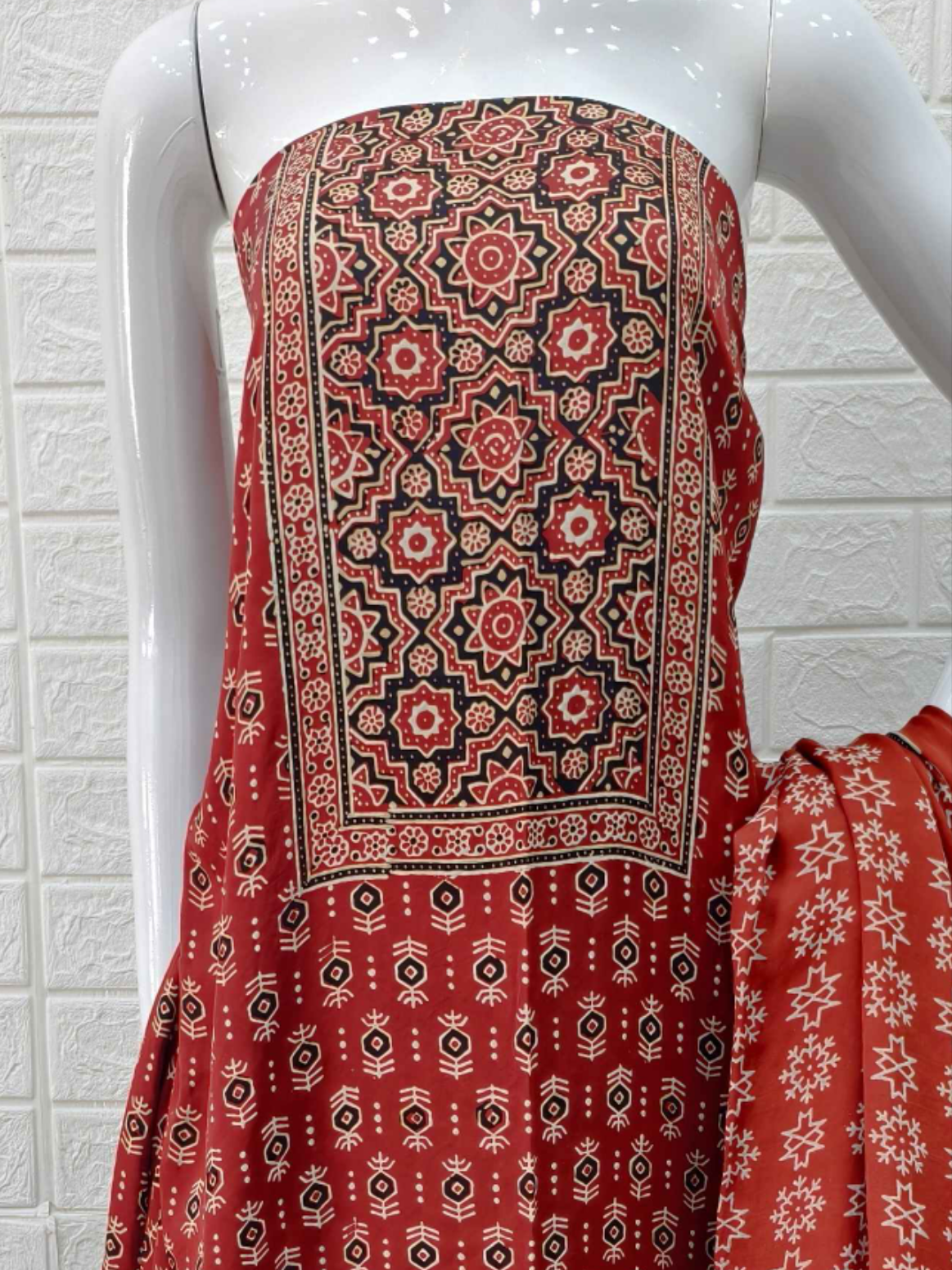 Pure Modal Silk Rust Ajrakh Hand Block Print Neptol Dye 3 Pice Suit