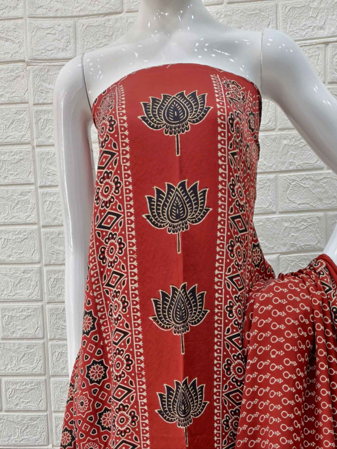 Pure Modal Silk Rust Ajrakh Hand Block Print Neptol Dye 3 Pice Suit