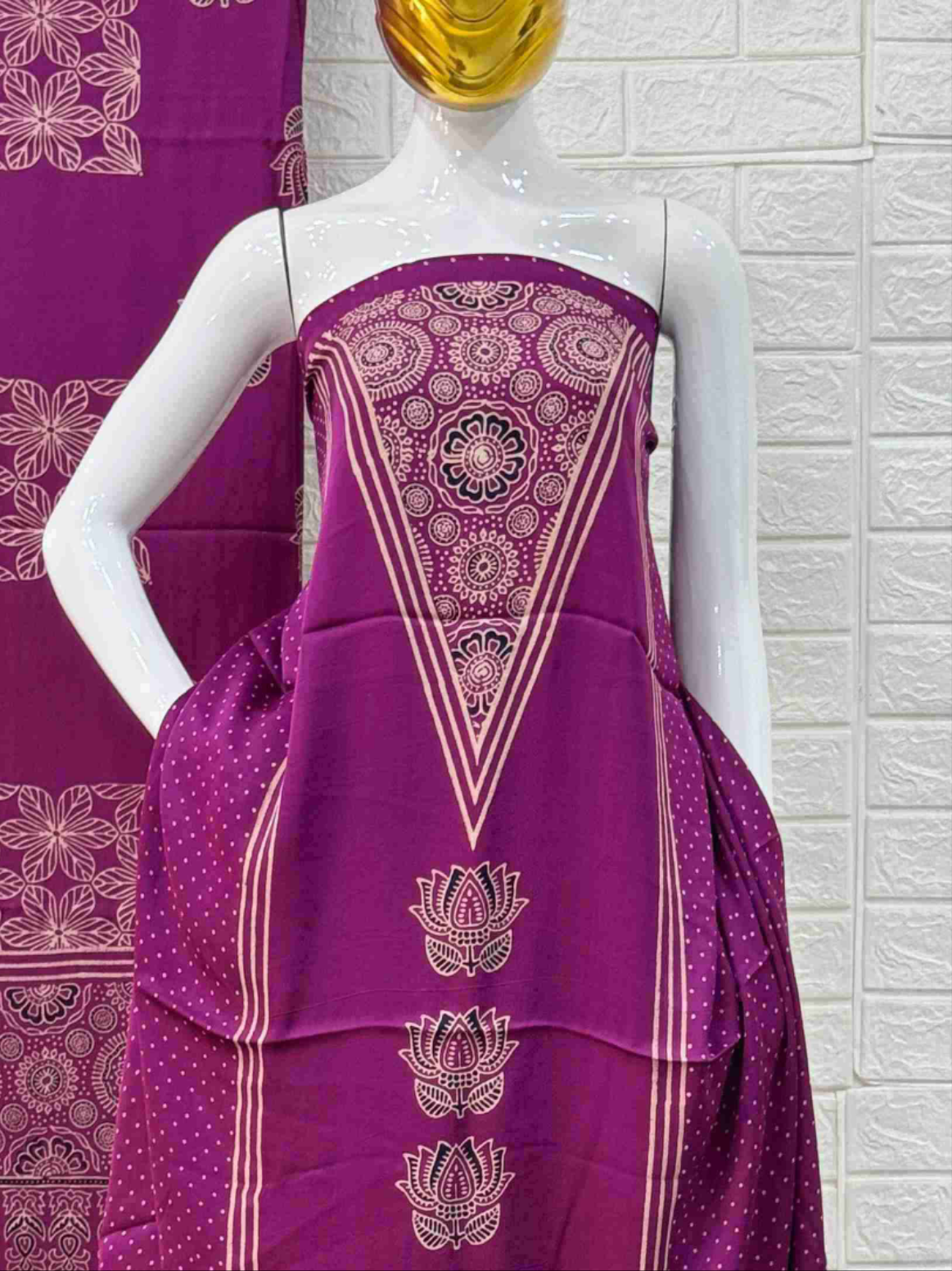 Pure Modal Silk Magenta Ajrakh Hand Block Print Neptol Dye 3 Pice Suit