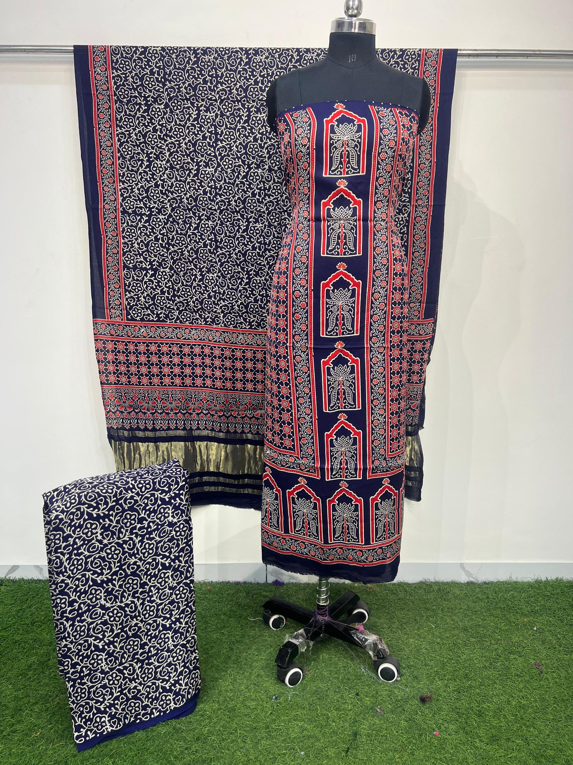 Pure Modal Silk Ajrakh Hand Block Print Neptol Dye 3 Pice Suit