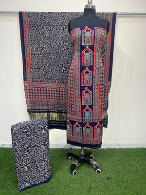 Pure Modal Silk Ajrakh Hand Block Print Neptol Dye 3 Pice Suit