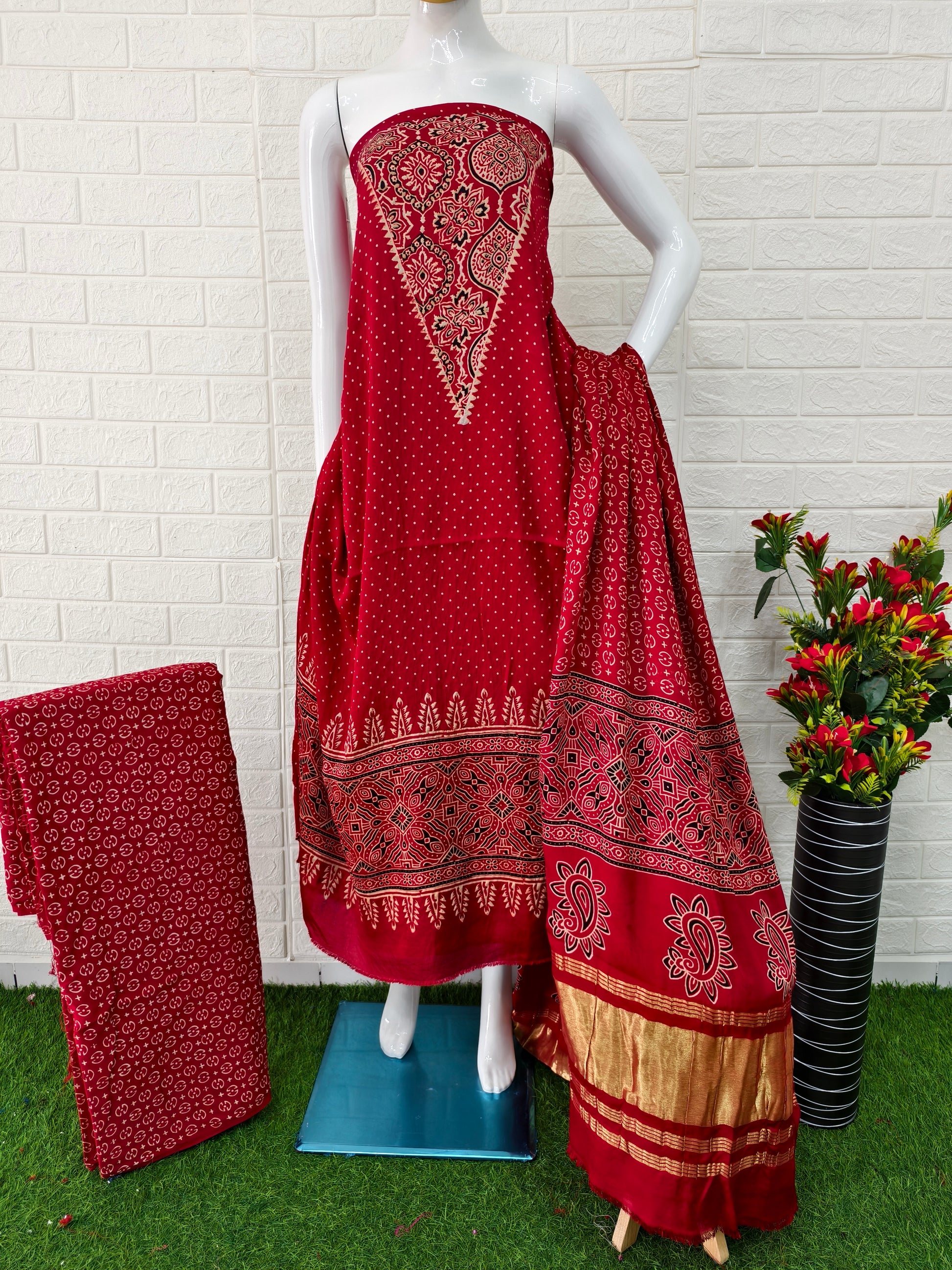 Buy Ajrakh Hand Block Print Neptol Dye 3 Pice Suit