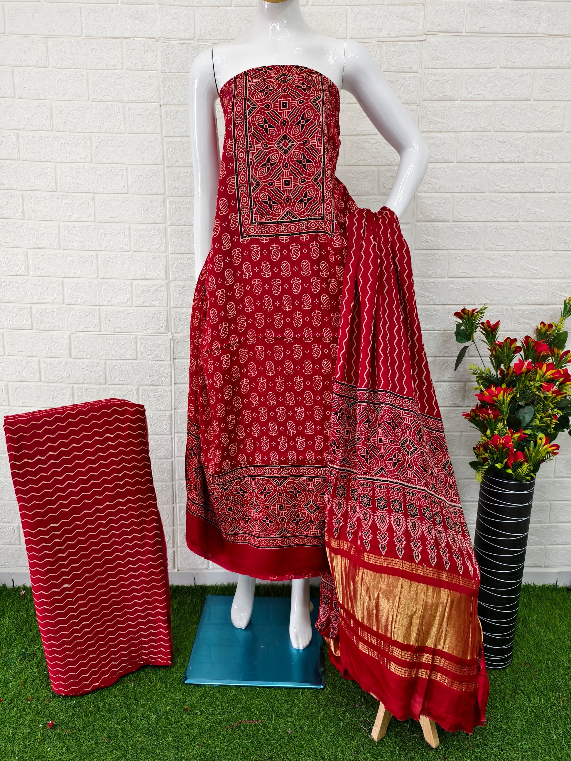Buy Ajrakh Hand Block Print Neptol Dye 3 Pice Suit