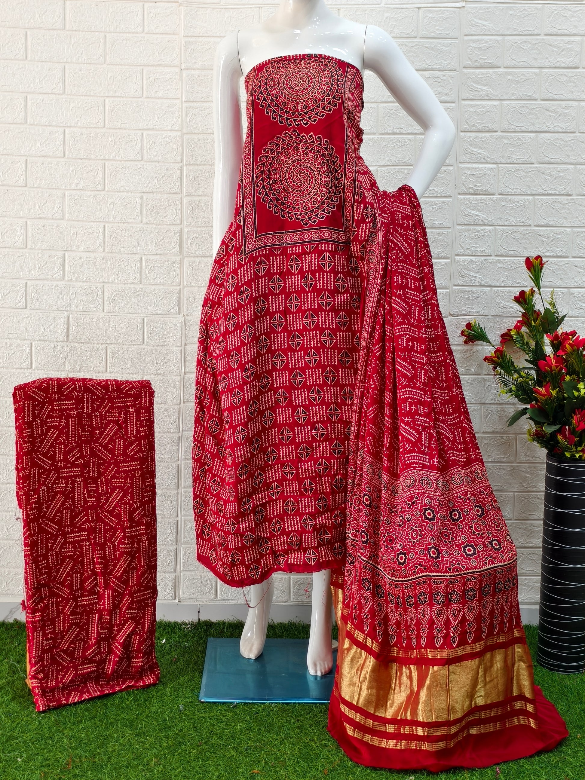 Buy Ajrakh Hand Block Print Neptol Dye 3 Pice Suit