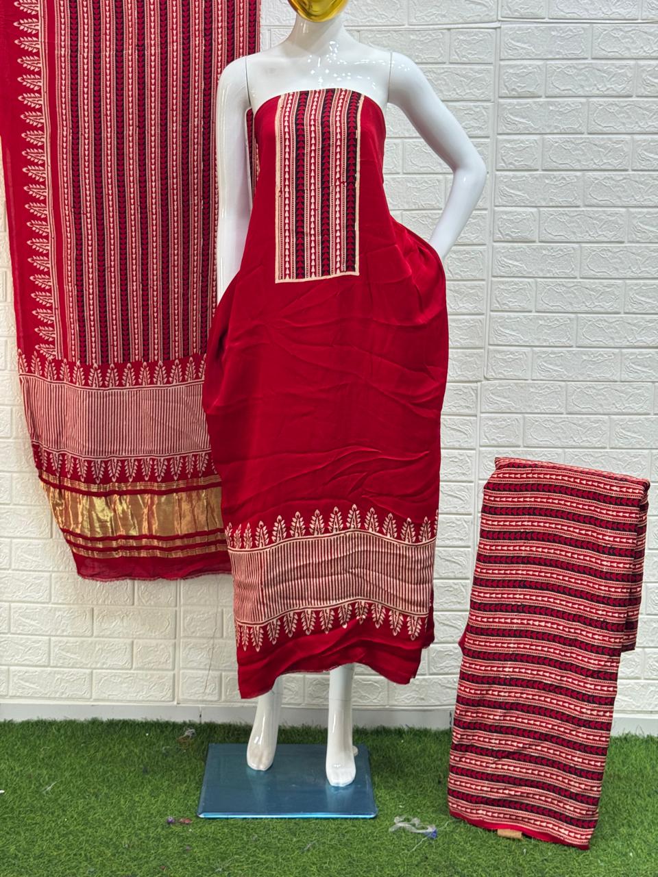 Buy Ajrakh Hand Block Print Neptol Dye 3 Pice Suit