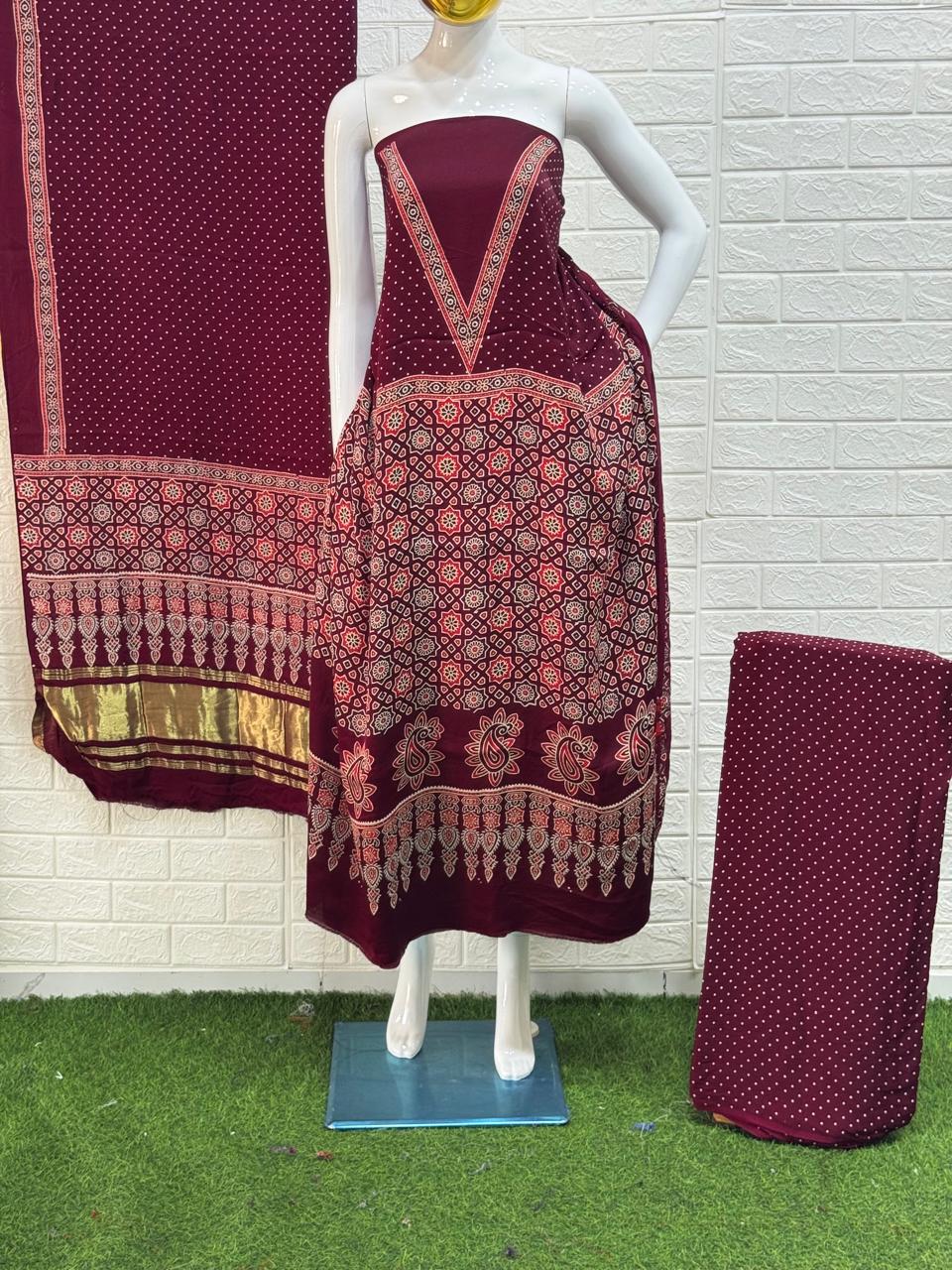 Buy Ajrakh Hand Block Print Neptol Dye 3 Pice Suit