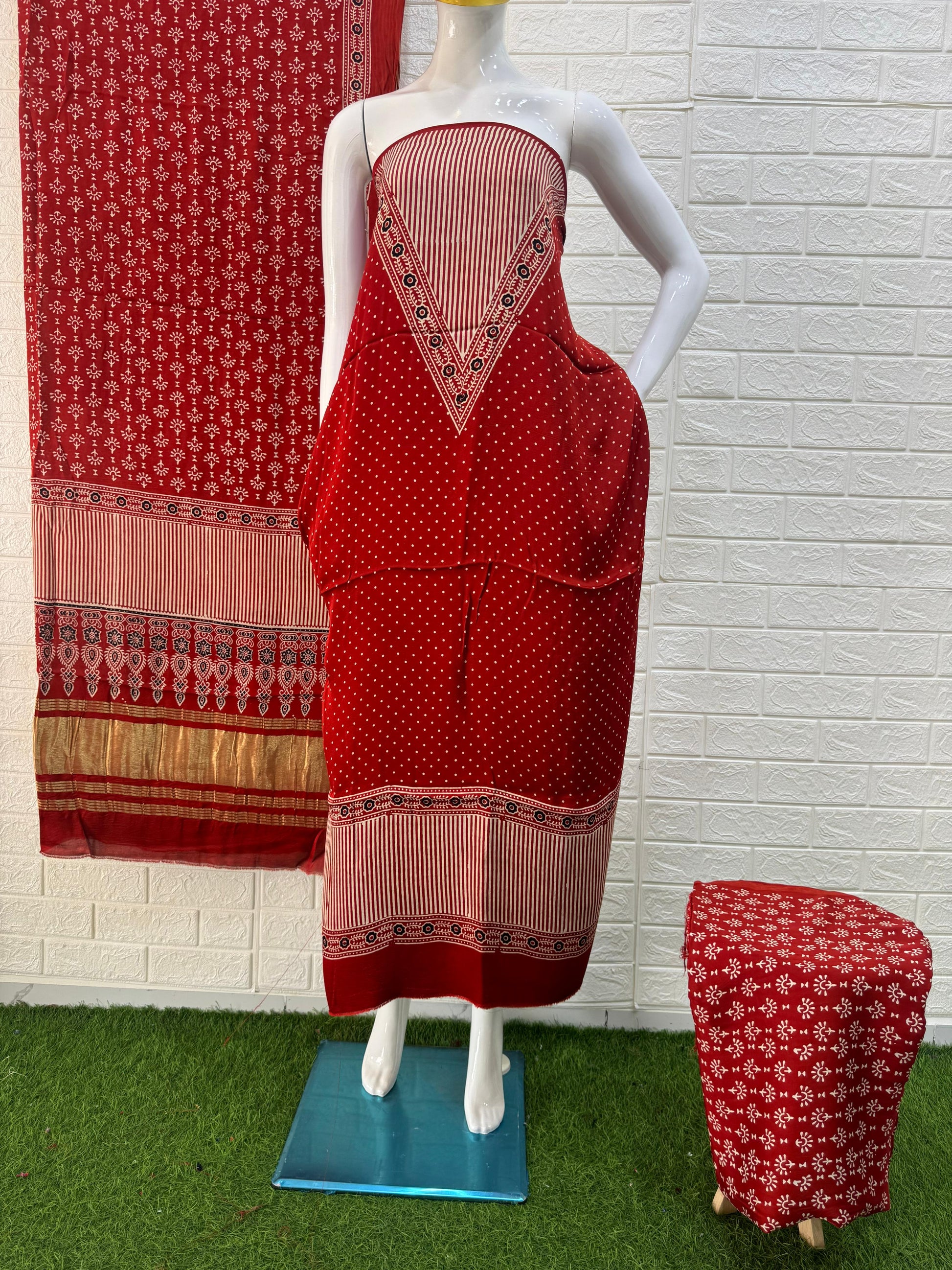 Red Ajrakh Hand Block Print Neptol Dye 3 Pice Suit