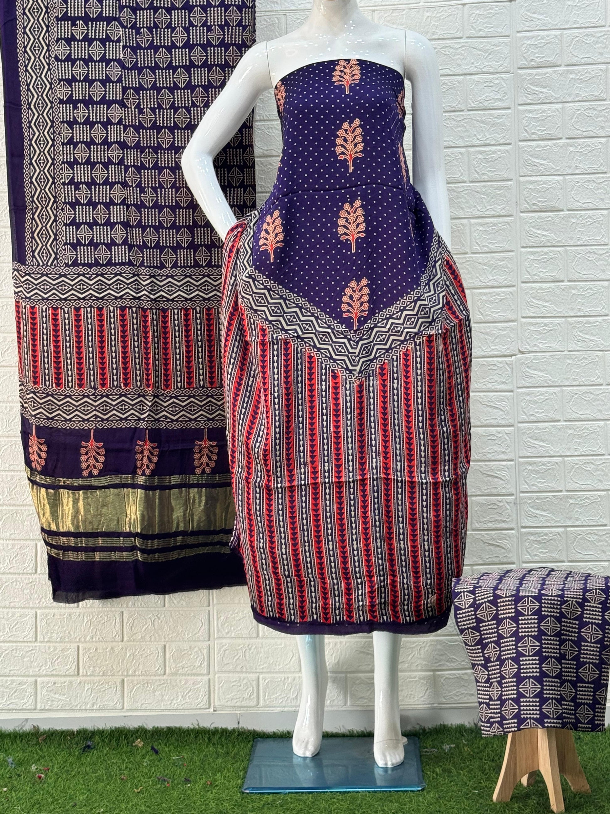 Purple Ajrakh Hand Block Print Neptol Dye 3 Pice Suit