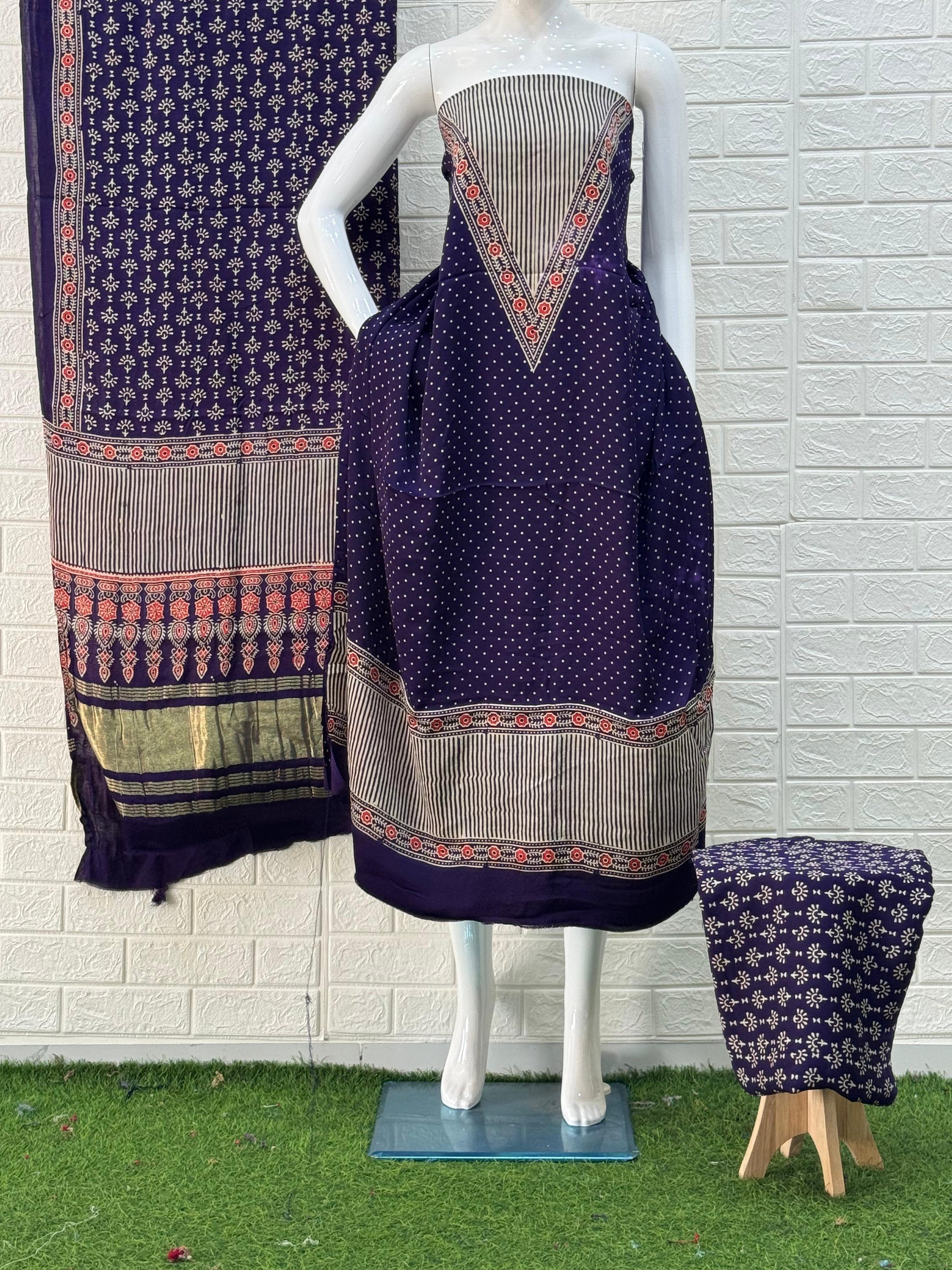 Purple Ajrakh Hand Block Print Neptol Dye 3 Pice Suit