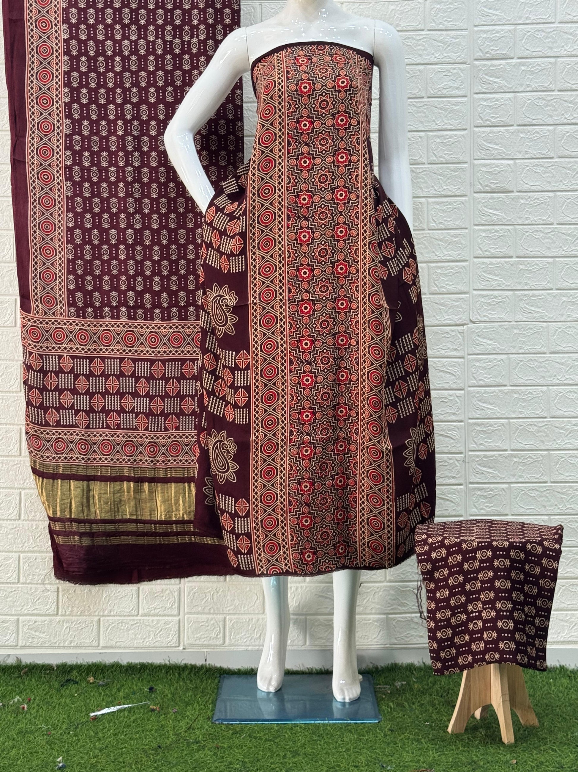 Ajrakh Hand Block Print Neptol Dye 3 Pice Suit