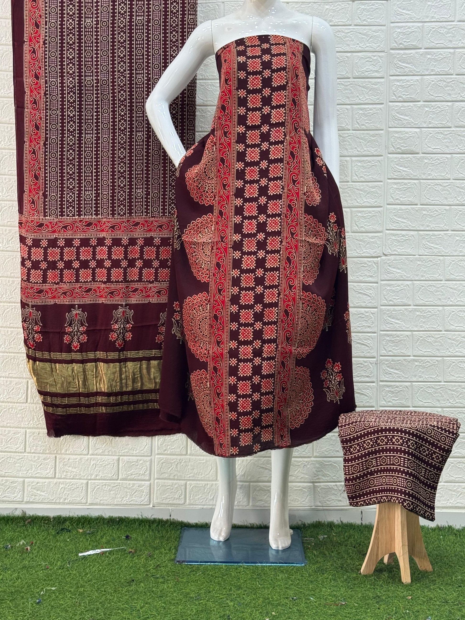 Ajrakh Hand Block Print Neptol Dye 3 Pice Suit