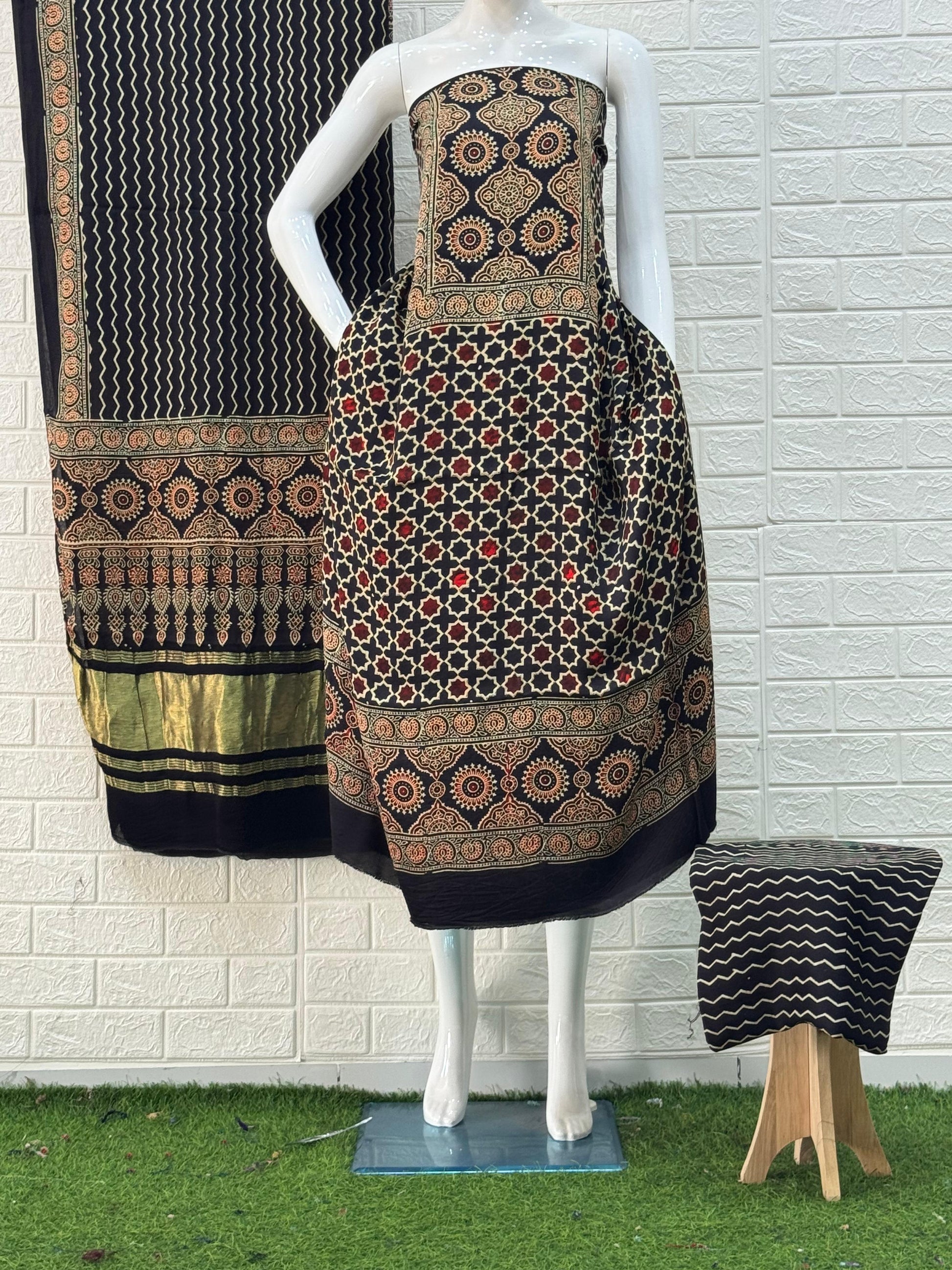 Black Ajrakh Hand Block Print Neptol Dye 3 Pice Suit