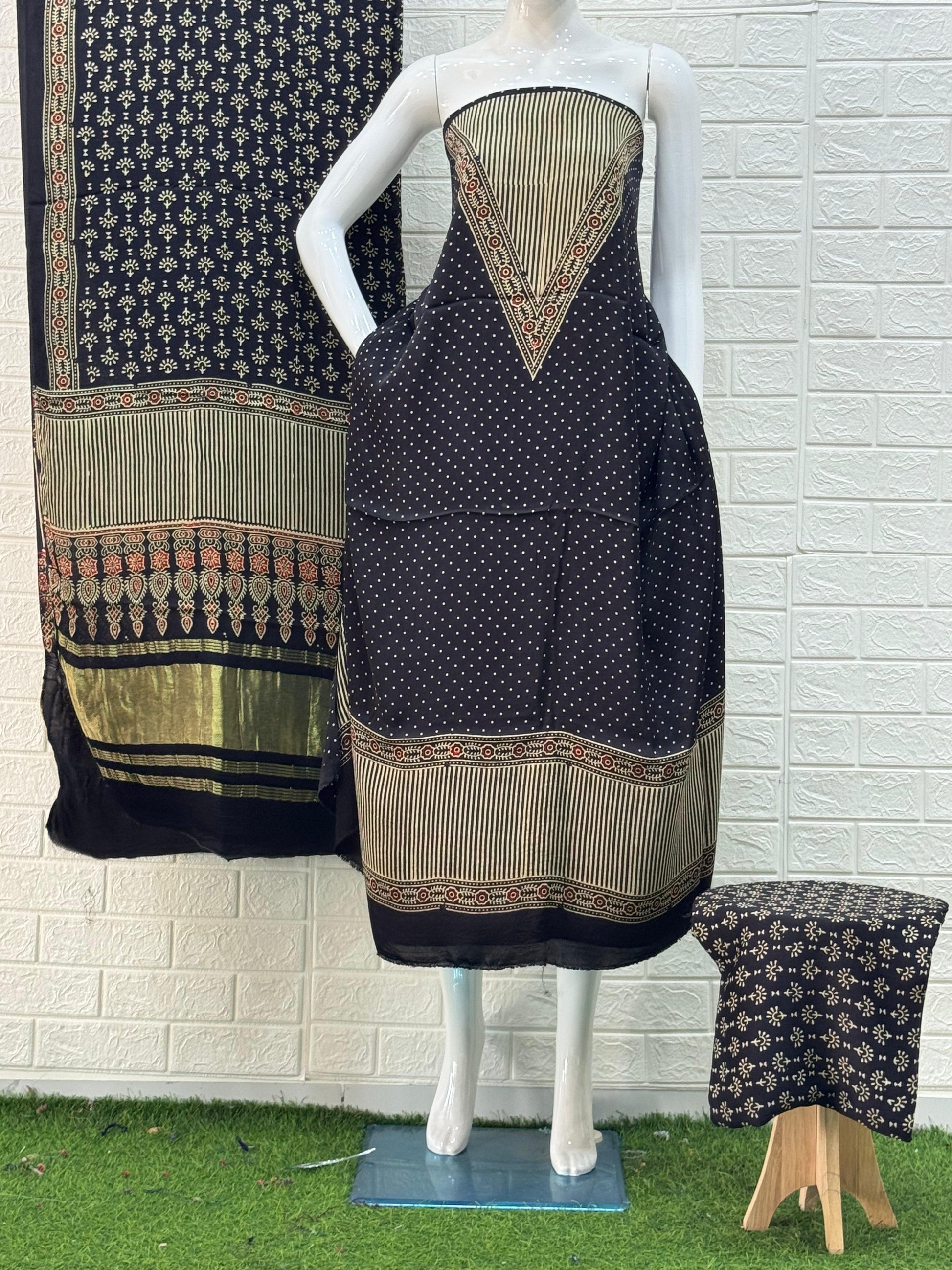 Black Ajrakh Hand Block Print Neptol Dye 3 Pice Suit